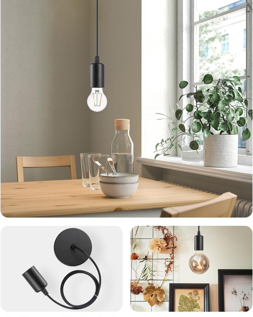Black Pendant Light Fitting Set for Ceiling – Modern Hanging Light Fixture