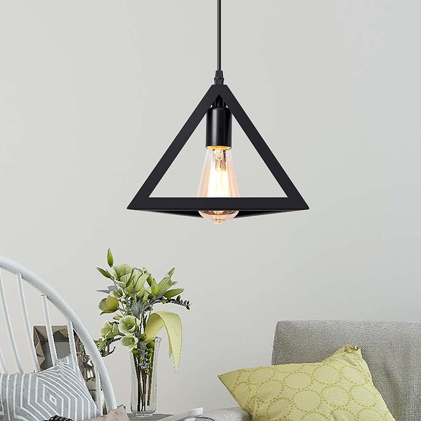 Modern Black Metal Triangle Hanging Light With Bulb
