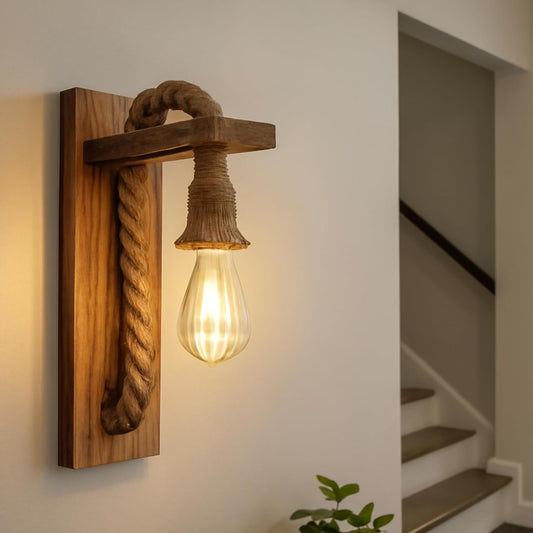 Wall Mounted wooden Hanging Lamp - Antique Wooden Jute Rope Hanging Light