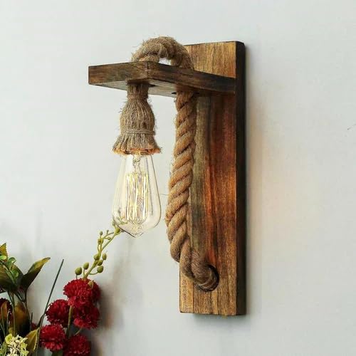 Wall Mounted wooden Hanging Lamp - Antique Wooden Jute Rope Hanging Light