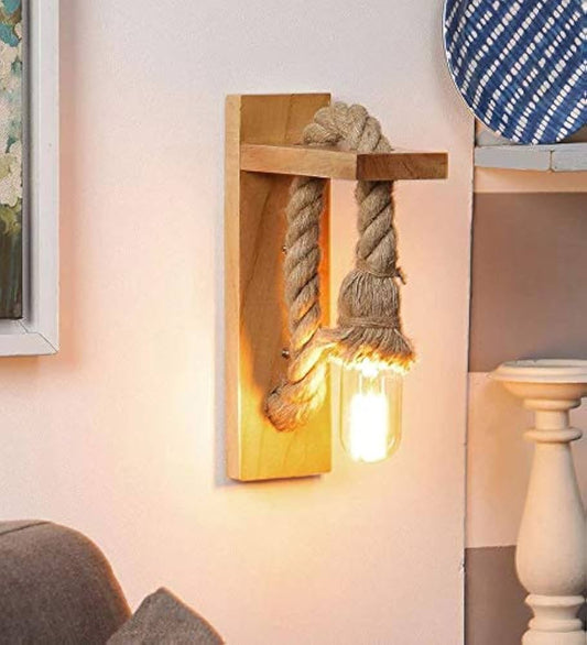 Wall Mounted wooden Hanging Lamp - Antique Wooden Jute Rope Hanging Light